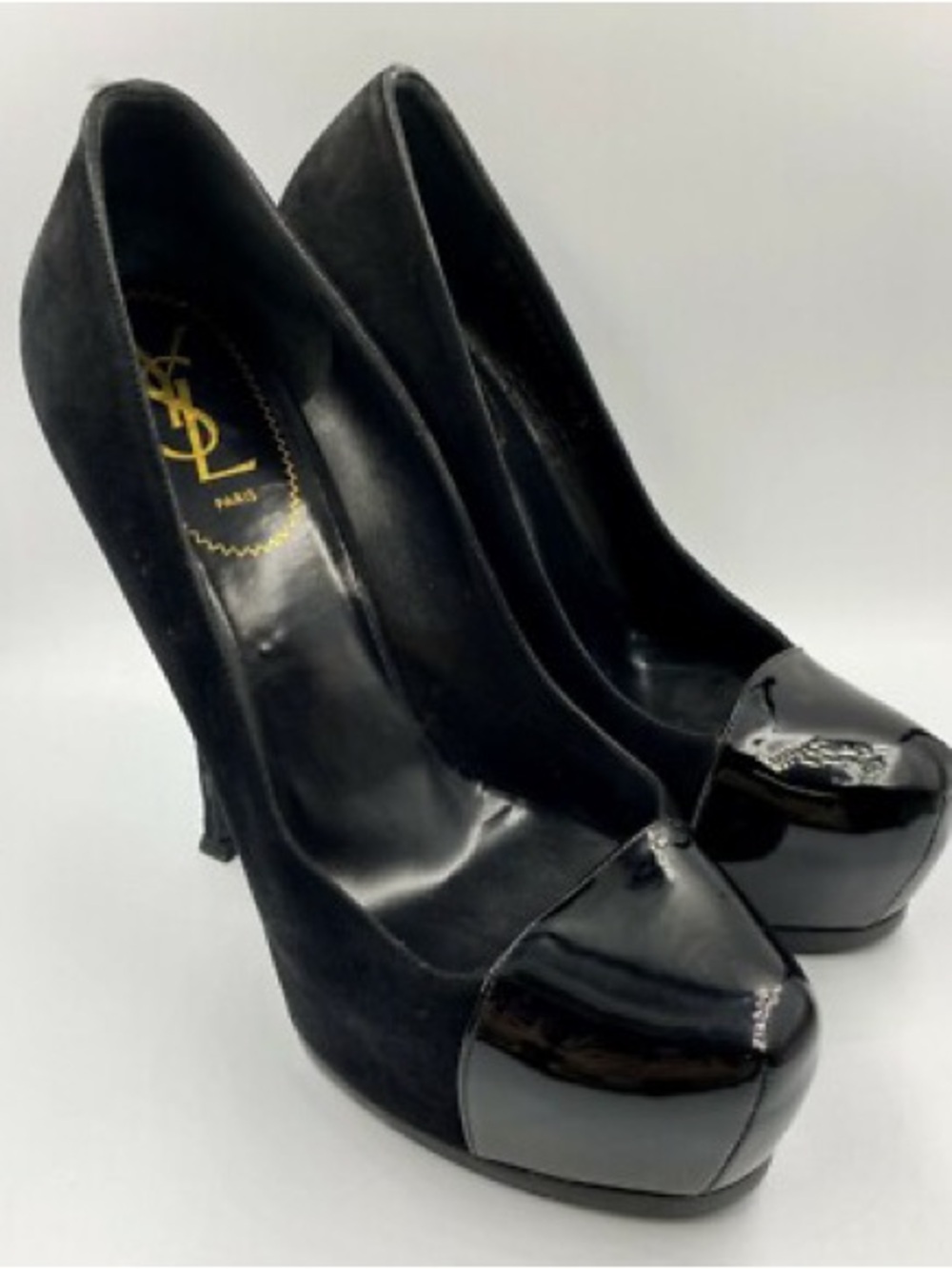 Yves Saint Laurent Black Suede and Patent Platform Pumps